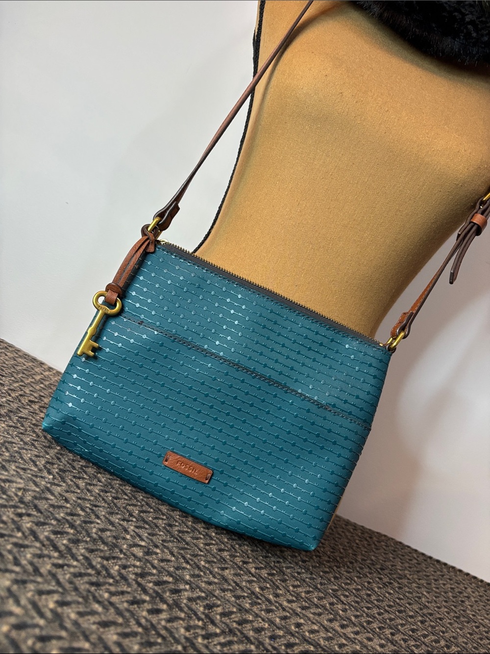 Fossil Teal Crossbody with Brown Strap and Key Charm
